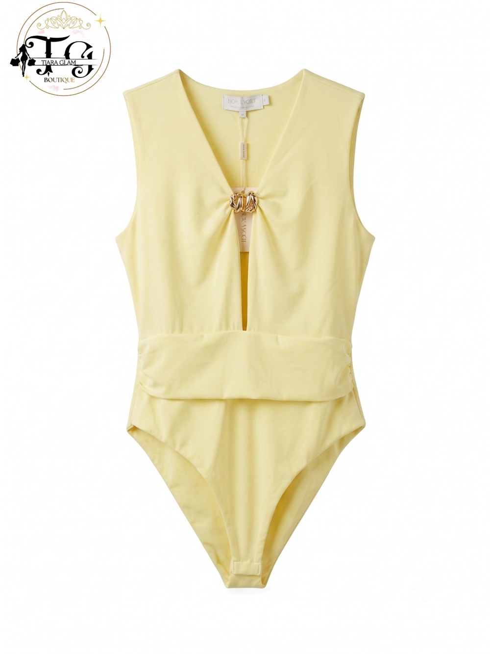 Maje Pale Yellow Sleeveless Ring-Front Bodysuit - Picture 1 of 4